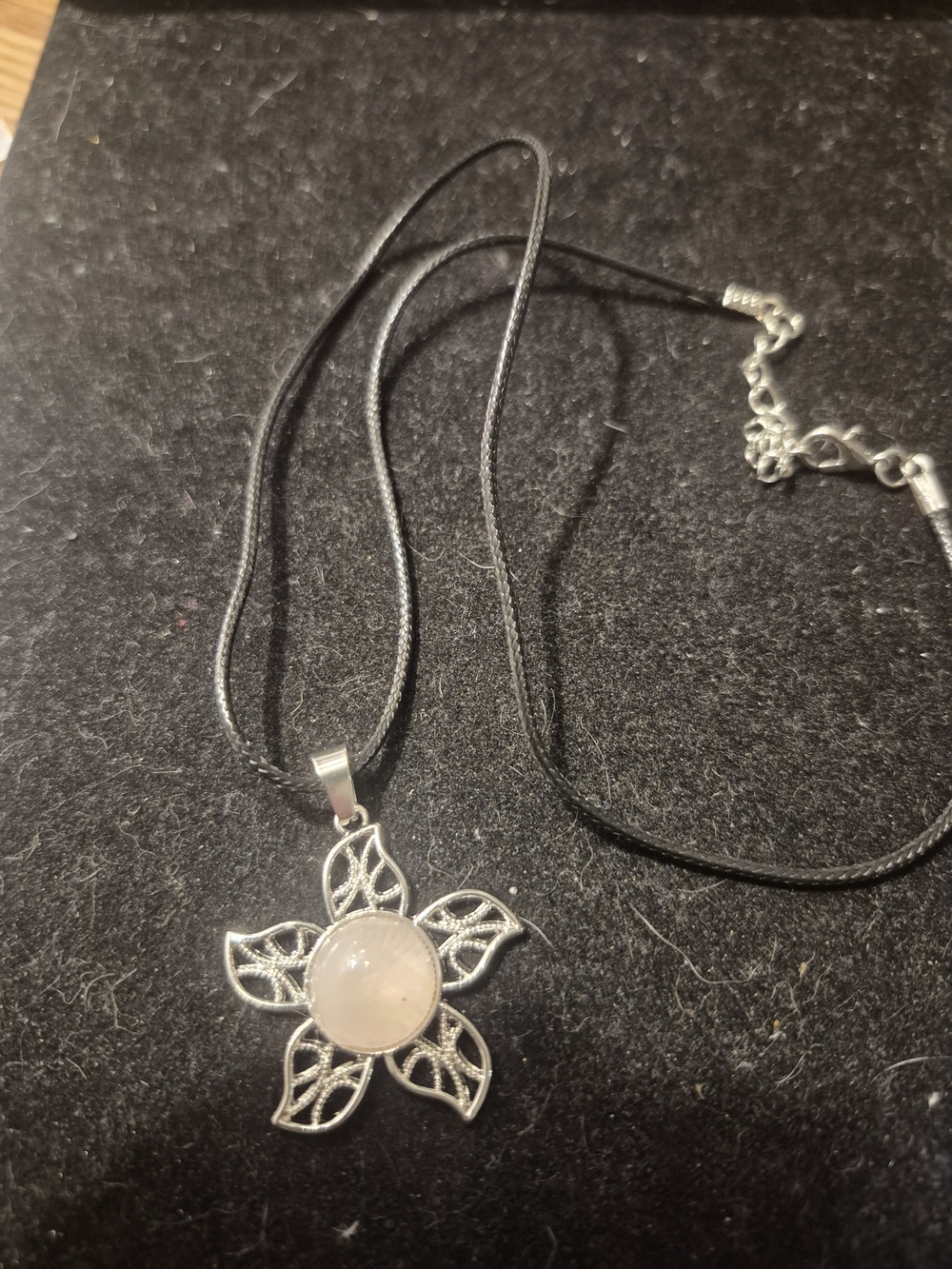 Silver Floral Pendant Necklace with Pink Rose Quartz on Black Cord